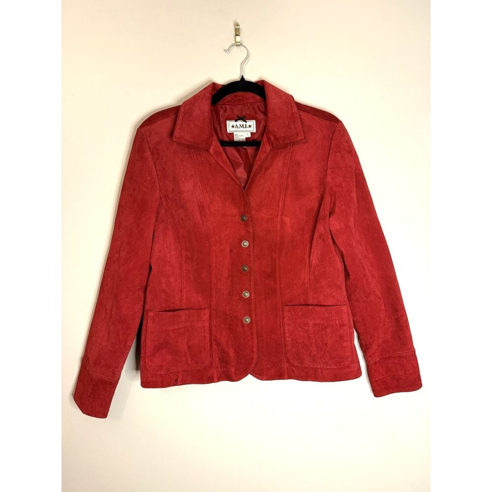 A.M.I. Vintage Red Suede Short Coat Button Fitted Size L [jb]